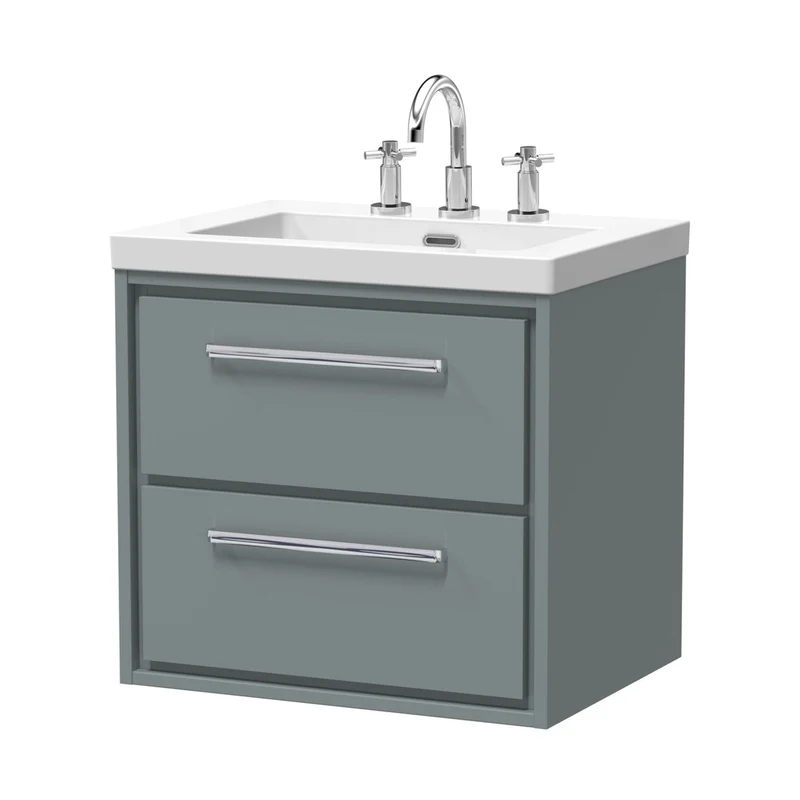 Hudson Reed Lille 600mm Wall Hung 2-drawer Vanity With Basin - 3 Tap Hole Contemp Coastal Grey Fireclay,MFC Smooth Matt 584x613x462mm