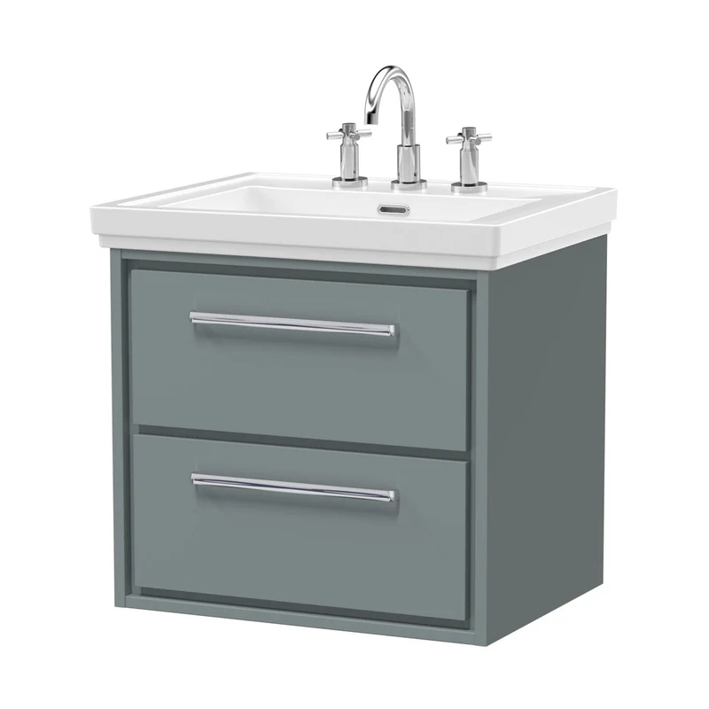 Hudson Reed Lille 600mm Wall Hung 2-drawer Vanity With Basin - 3 Tap Hole Contemp Coastal Grey Fireclay,MFC Smooth Matt 605x630x471mm