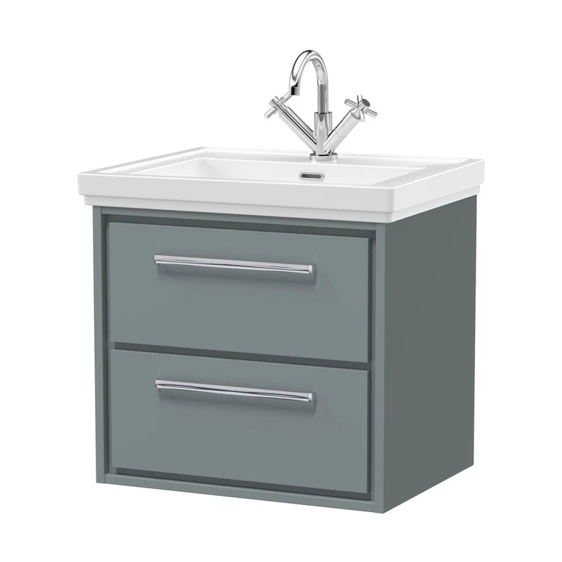 Hudson Reed Lille 600mm Wall Hung 2-drawer Vanity With Basin - 1 Tap Hole Contemp Coastal Grey Fireclay,MFC Smooth Matt 605x630x471mm