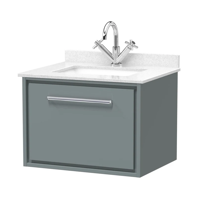 Hudson Reed Lille 600mm Wall Hung Single Drawer Vanity With Marble Worktop Basin Contemp Coastal Grey MFC Smooth Matt,vitreous China 509x620x470mm