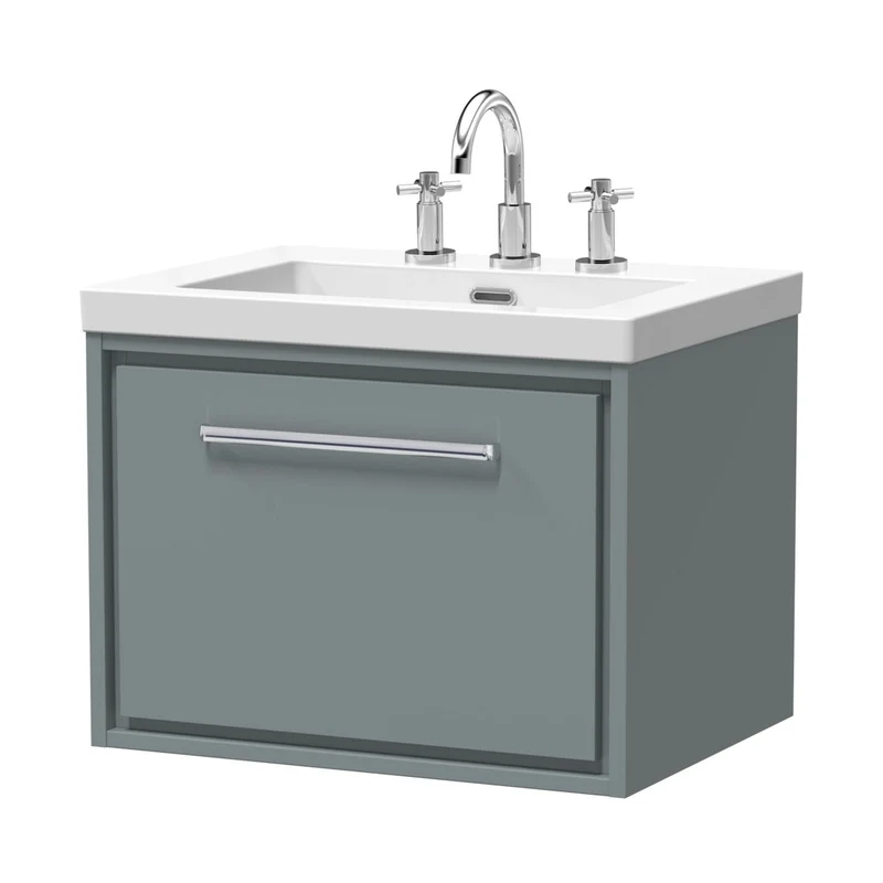 Hudson Reed Lille 600mm Wall Hung Single Drawer Vanity With Basin - 3 Tap Hole Contemp Coastal Grey Fireclay,MFC Smooth Matt 476x613x462mm