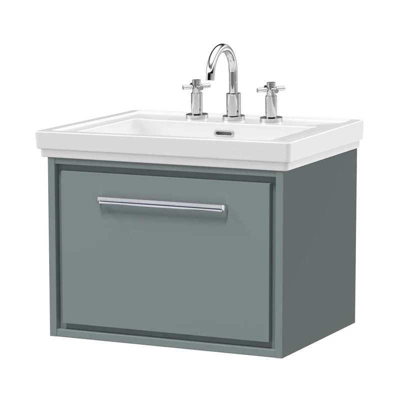 Hudson Reed Lille 600mm Wall Hung Single Drawer Vanity With Basin - 3 Tap Hole Contemp Coastal Grey Fireclay,MFC Smooth Matt 497x630x471mm