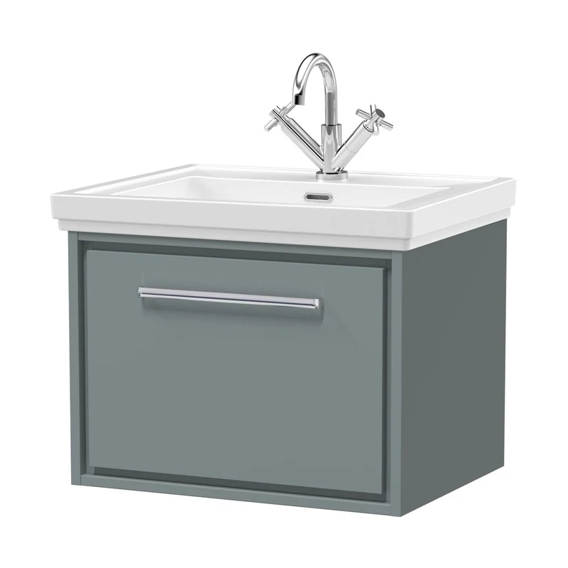 Hudson Reed Lille 600mm Wall Hung Single Drawer Vanity With Basin - 1 Tap Hole Contemp Coastal Grey Fireclay,MFC Smooth Matt 497x630x471mm
