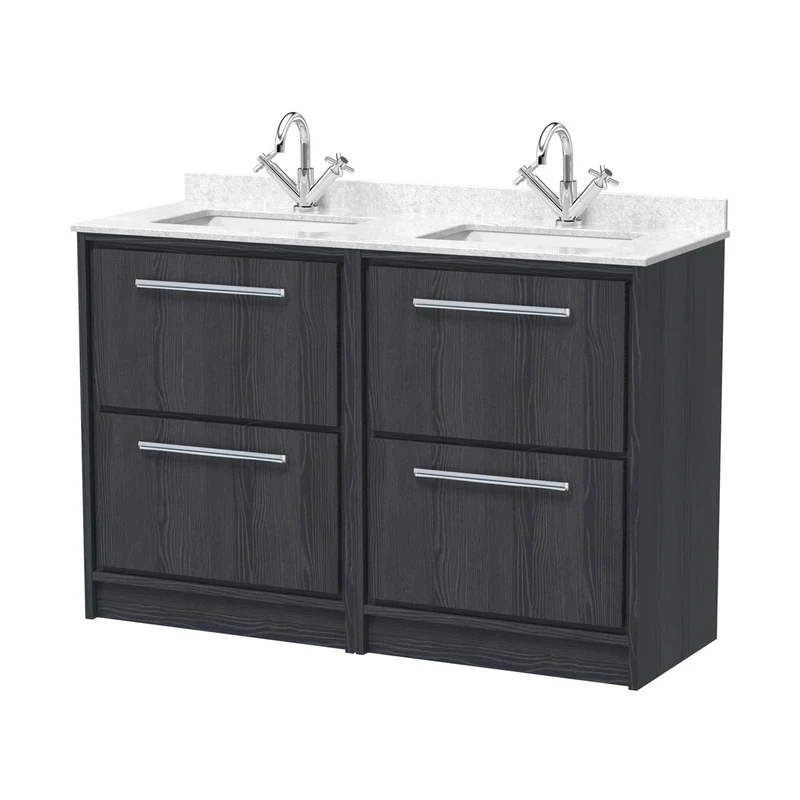 Hudson Reed Lille 1200mm Floor Standing 4-drawer Vanity With Marble Worktop Basin Contemp Graphite Grey Woodgrain MFC Textured Woodgrain,vitreous China 878x1220x470mm