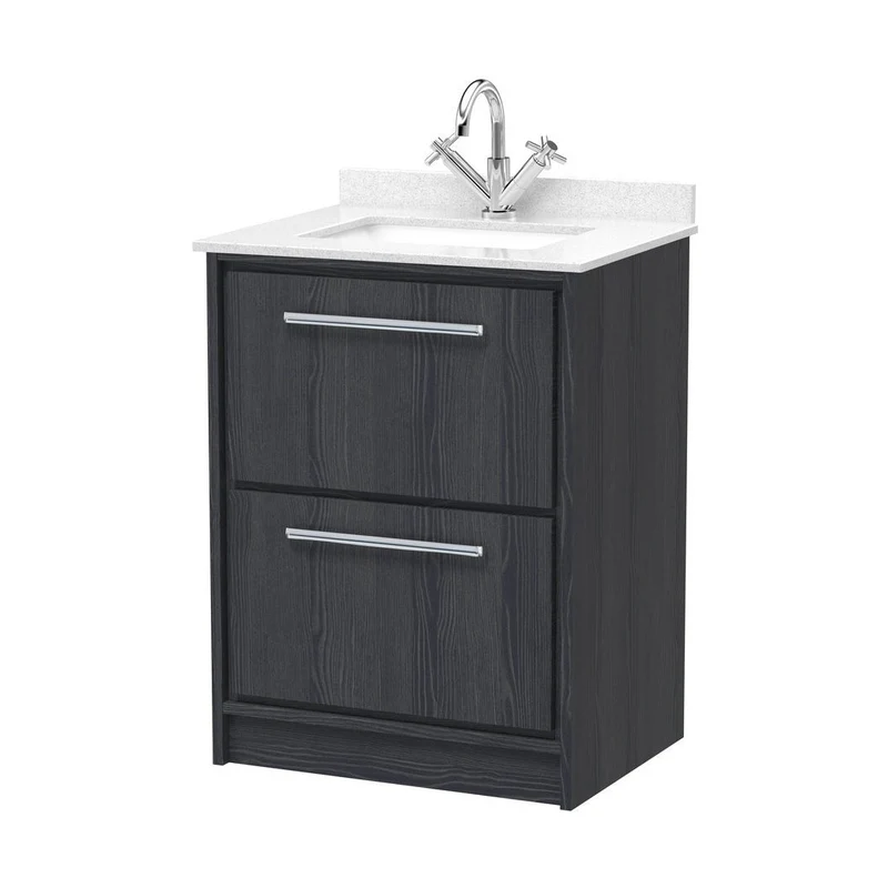 Hudson Reed Lille 600mm Floor Standing 2-drawer Vanity With Marble Worktop Basin Contemp Graphite Grey Woodgrain MFC Textured Woodgrain,vitreous China 878x620x470mm