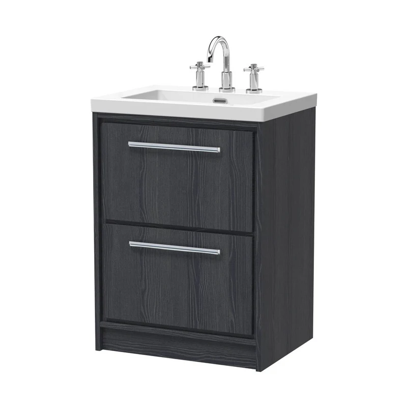 Hudson Reed Lille 600mm Floor Standing 2-drawer Vanity With Basin - 3 Tap Hole Contemp Graphite Grey Woodgrain Fireclay,MFC Textured Woodgrain 845x613x462mm