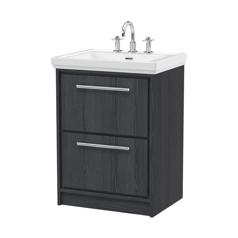 Hudson Reed Lille 600mm Floor Standing 2-drawer Vanity With Basin - 3 Tap Hole Contemp Graphite Grey Woodgrain Fireclay,MFC Textured Woodgrain 866x630x471mm