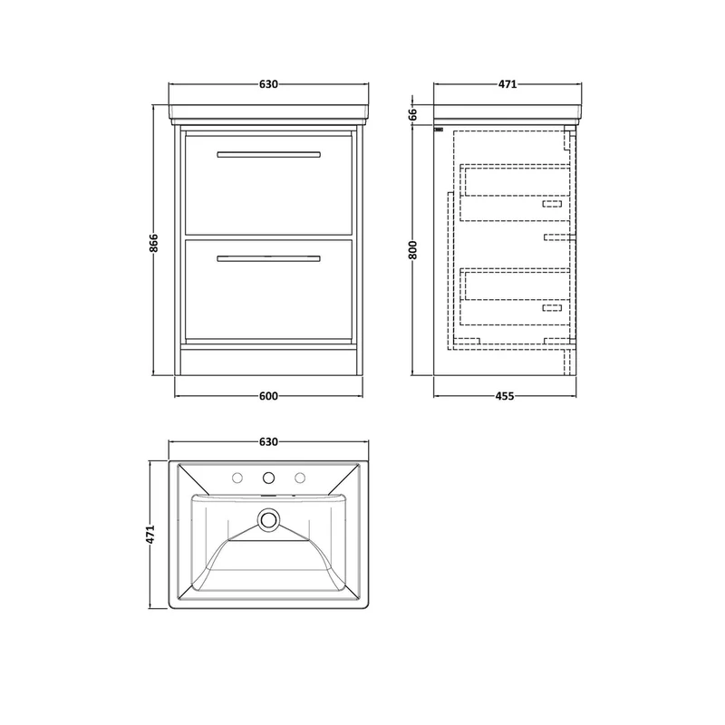 Hudson Reed Lille 600mm Floor Standing 2-drawer Vanity With Basin - 3 Tap Hole Contemp Graphite Grey Woodgrain Fireclay,MFC Textured Woodgrain 866x630x471mm