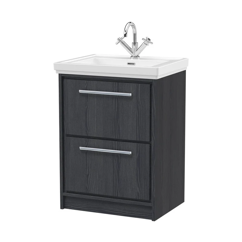 Hudson Reed Lille 600mm Floor Standing 2-drawer Vanity With Basin - 1 Tap Hole Contemp Graphite Grey Woodgrain Fireclay,MFC Textured Woodgrain 866x630x471mm