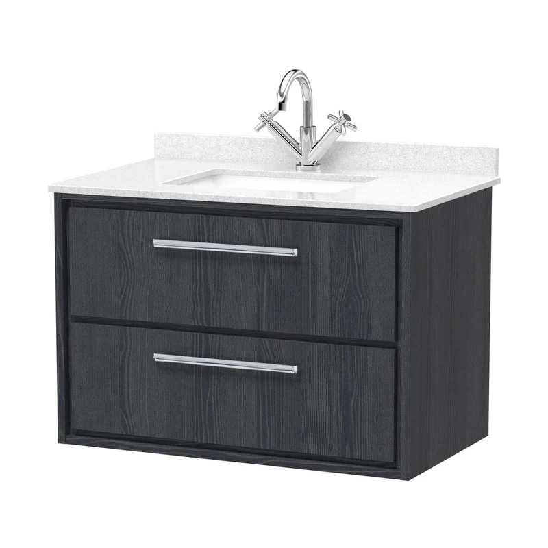 Hudson Reed Lille 800mm Wall Hung 2-drawer Vanity With Marble Worktop Basin Contemp Graphite Grey Woodgrain MFC Textured Woodgrain,vitreous China 617x820x470mm