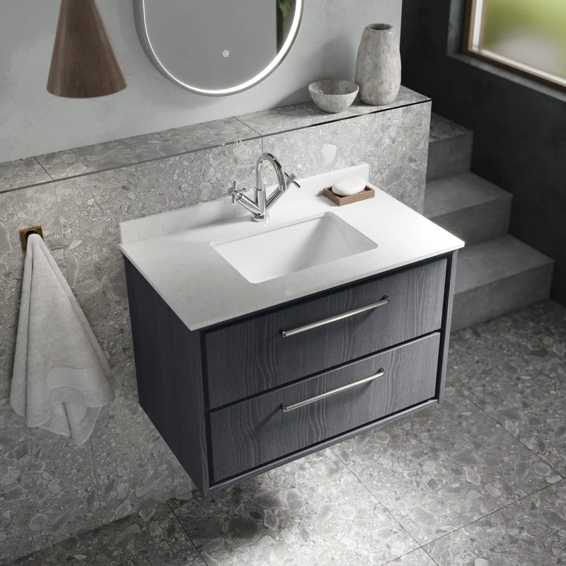 Hudson Reed Lille 800mm Wall Hung 2-drawer Vanity With Marble Worktop Basin Contemp Graphite Grey Woodgrain MFC Textured Woodgrain,vitreous China 617x820x470mm
