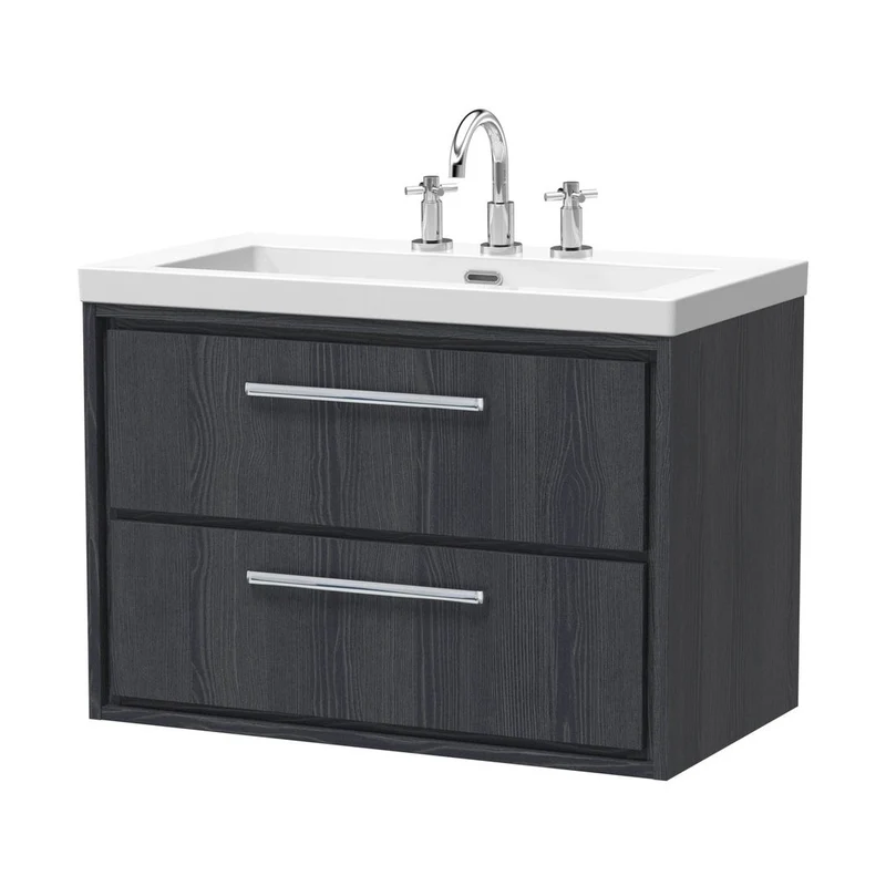 Hudson Reed Lille 800mm Wall Hung 2-drawer Vanity With Basin - 3 Tap Hole Contemp Graphite Grey Woodgrain Fireclay,MFC Textured Woodgrain 584x813x462mm