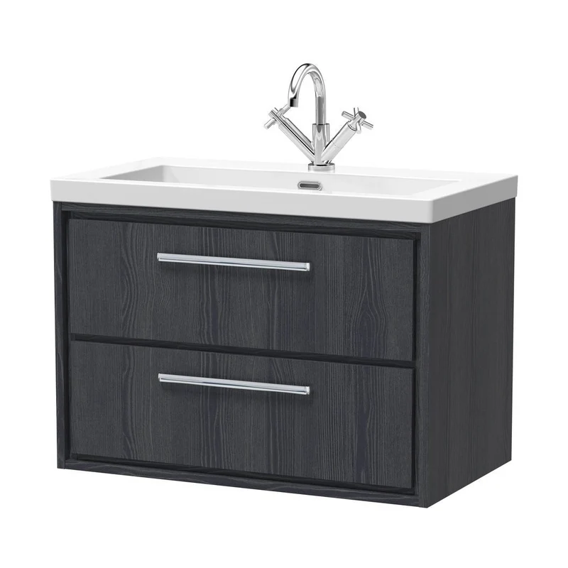 Hudson Reed Lille 800mm Wall Hung 2-drawer Vanity With Basin - 1 Tap Hole Contemp Graphite Grey Woodgrain Fireclay,MFC Textured Woodgrain 584x813x462mm