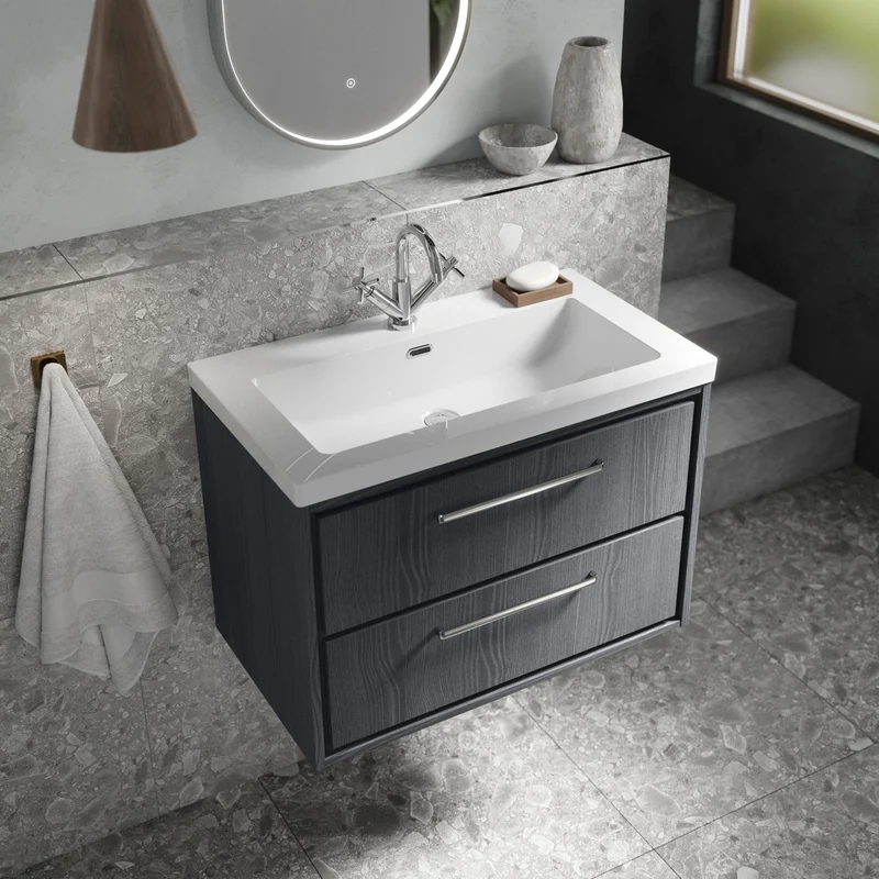 Hudson Reed Lille 800mm Wall Hung 2-drawer Vanity With Basin - 1 Tap Hole Contemp Graphite Grey Woodgrain Fireclay,MFC Textured Woodgrain 584x813x462mm