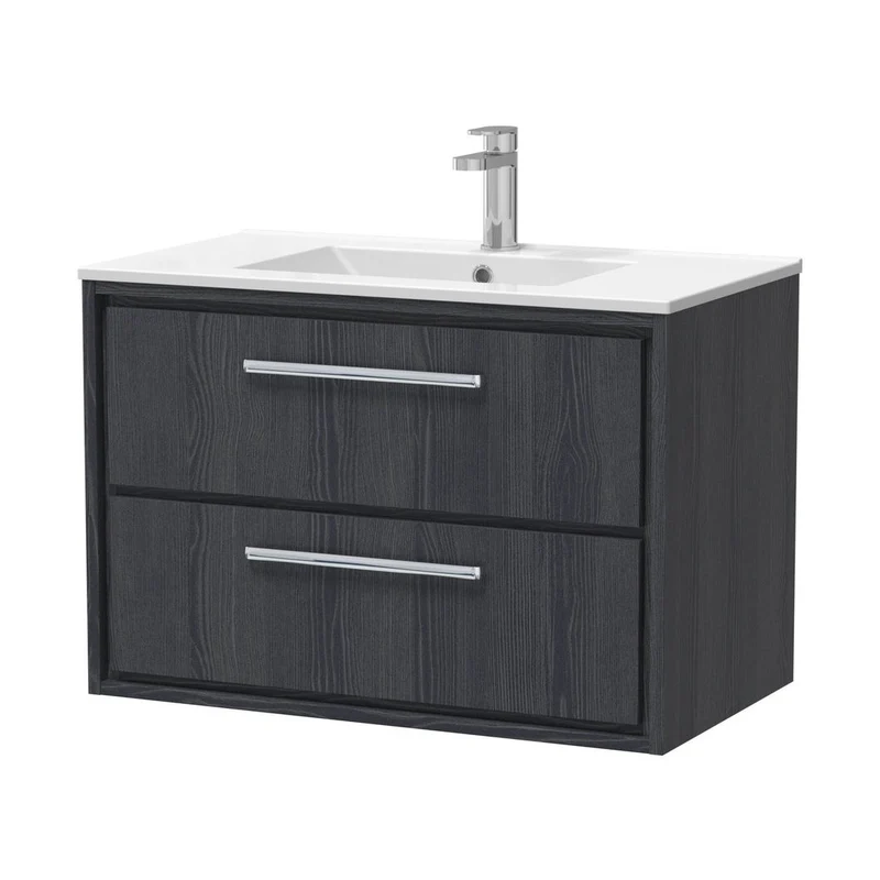 Hudson Reed Lille 800mm Wall Hung 2-drawer Vanity With Basin - 1 Tap Hole Contemp Graphite Grey Woodgrain MFC Textured Woodgrain,vitreous China 539x805x460mm