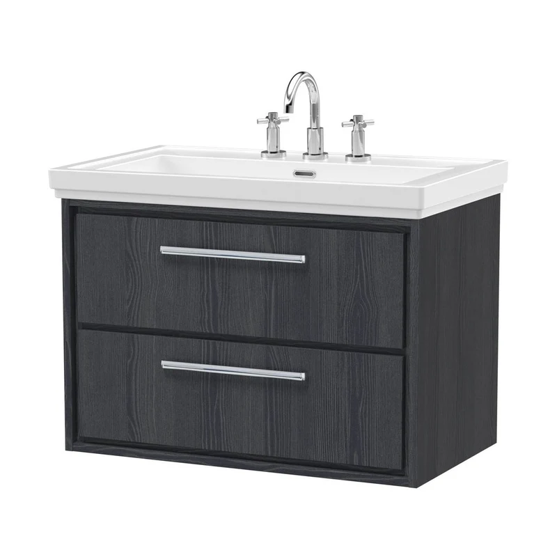 Hudson Reed Lille 800mm Wall Hung 2-drawer Vanity With Basin - 3 Tap Hole Contemp Graphite Grey Woodgrain Fireclay,MFC Textured Woodgrain 606x830x471mm