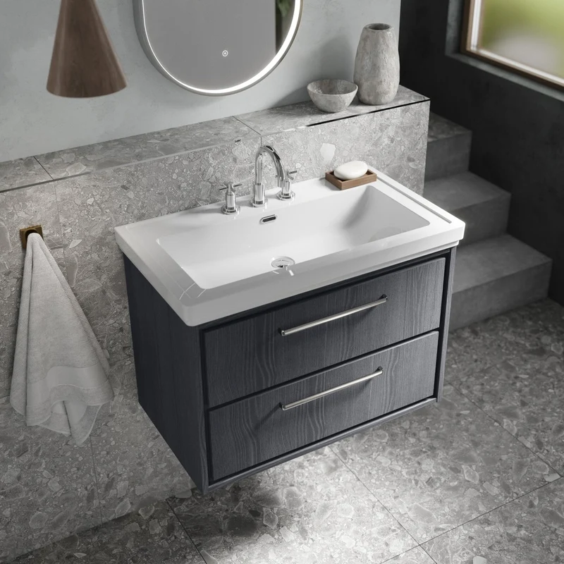 Hudson Reed Lille 800mm Wall Hung 2-drawer Vanity With Basin - 3 Tap Hole Contemp Graphite Grey Woodgrain Fireclay,MFC Textured Woodgrain 606x830x471mm
