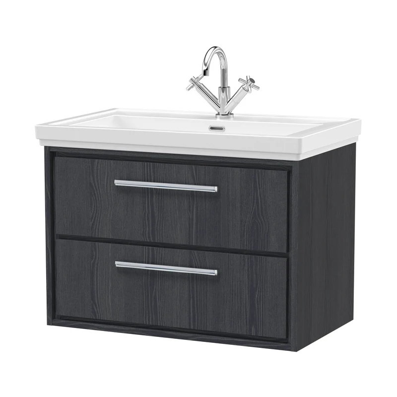 Hudson Reed Lille 800mm Wall Hung 2-drawer Vanity With Basin - 1 Tap Hole Contemp Graphite Grey Woodgrain Fireclay,MFC Textured Woodgrain 606x830x471mm