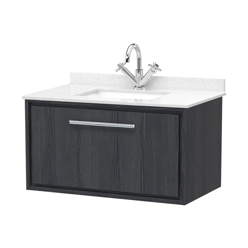 Hudson Reed Lille 800mm Wall Hung Single Drawer Vanity With Marble Worktop Basin Contemp Graphite Grey Woodgrain MFC Textured Woodgrain,vitreous China 509x820x470mm