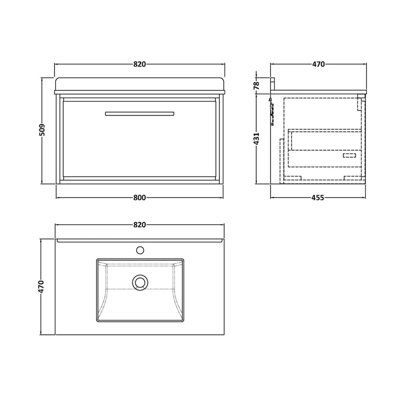 Hudson Reed Lille 800mm Wall Hung Single Drawer Vanity With Marble Worktop Basin Contemp Graphite Grey Woodgrain MFC Textured Woodgrain,vitreous China 509x820x470mm