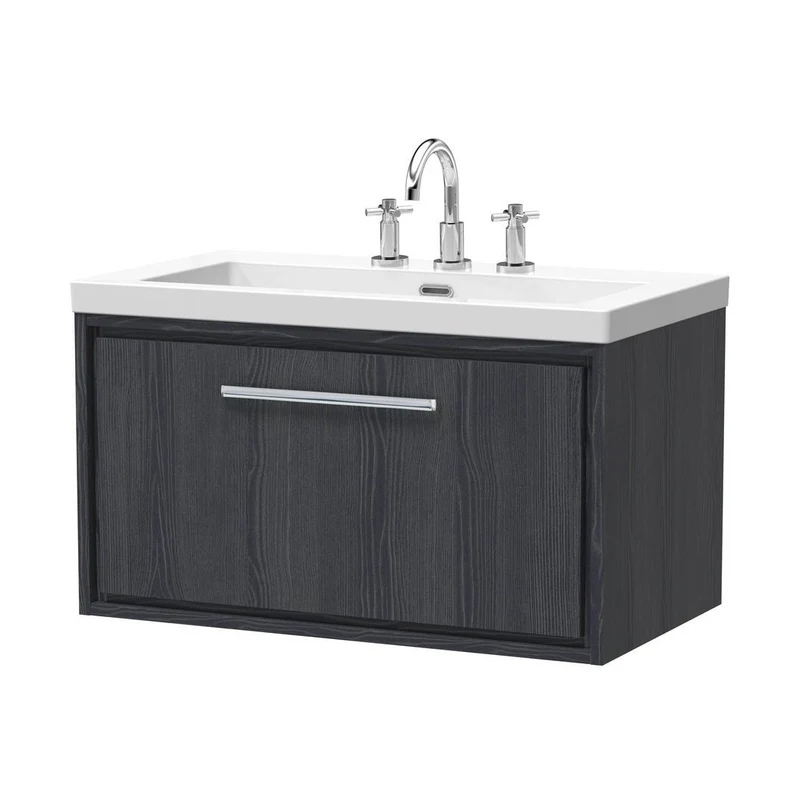 Hudson Reed Lille 800mm Wall Hung Single Drawer Vanity With Basin - 3 Tap Hole Contemp Graphite Grey Woodgrain Fireclay,MFC Textured Woodgrain 476x813x462mm