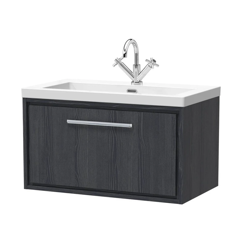 Hudson Reed Lille 800mm Wall Hung Single Drawer Vanity With Basin - 1 Tap Hole Contemp Graphite Grey Woodgrain Fireclay,MFC Textured Woodgrain 476x813x462mm