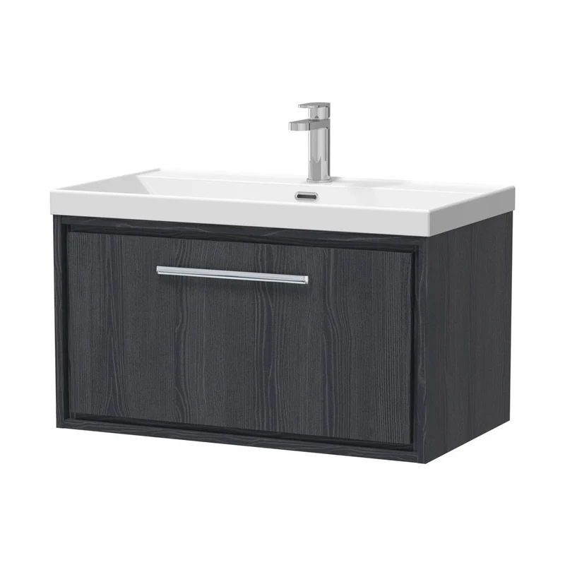 Hudson Reed Lille 800mm Wall Hung Single Drawer Vanity With Basin - 1 Tap Hole Contemp Graphite Grey Woodgrain MFC Textured Woodgrain,vitreous China 481x810x460mm