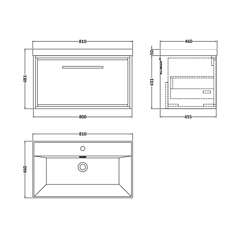 Hudson Reed Lille 800mm Wall Hung Single Drawer Vanity With Basin - 1 Tap Hole Contemp Graphite Grey Woodgrain MFC Textured Woodgrain,vitreous China 481x810x460mm