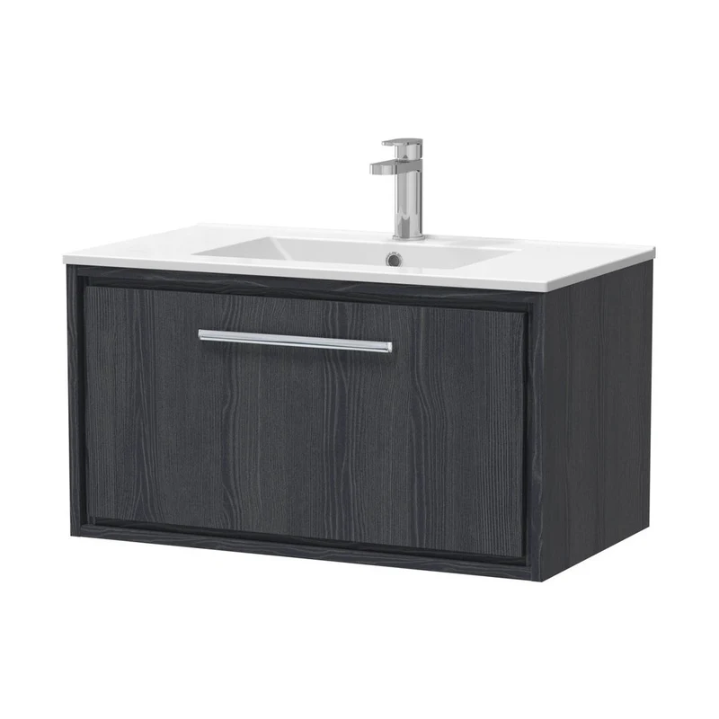Hudson Reed Lille 800mm Wall Hung Single Drawer Vanity With Basin - 1 Tap Hole Contemp Graphite Grey Woodgrain MFC Textured Woodgrain,vitreous China 449x805x460mm