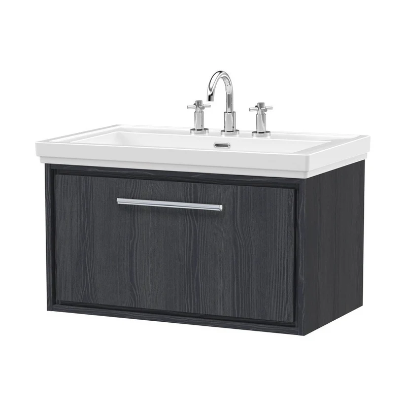 Hudson Reed Lille 800mm Wall Hung Single Drawer Vanity With Basin - 3 Tap Hole Contemp Graphite Grey Woodgrain Fireclay,MFC Textured Woodgrain 498x830x471mm