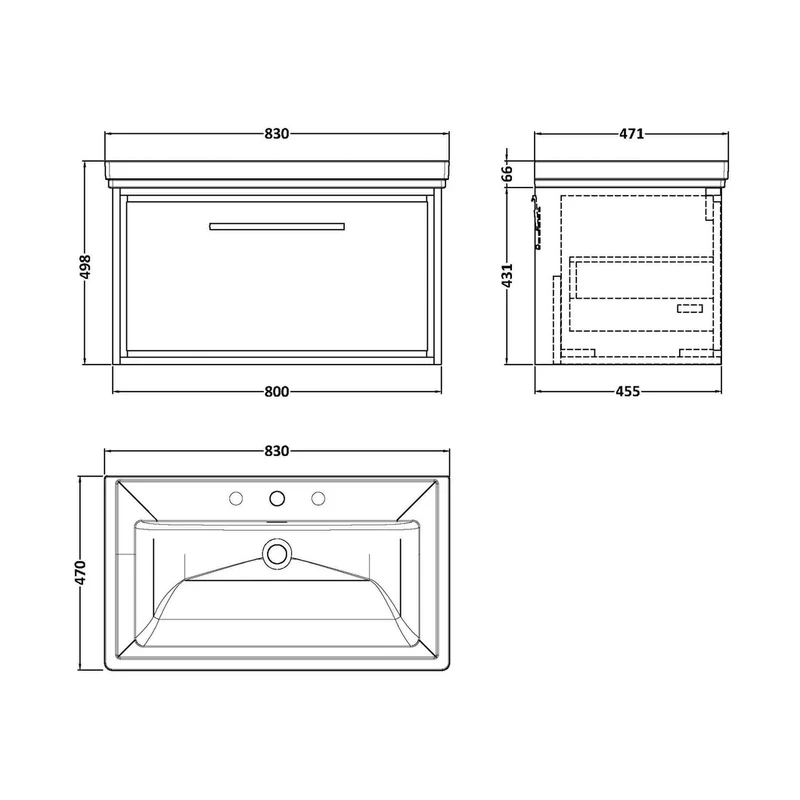 Hudson Reed Lille 800mm Wall Hung Single Drawer Vanity With Basin - 3 Tap Hole Contemp Graphite Grey Woodgrain Fireclay,MFC Textured Woodgrain 498x830x471mm