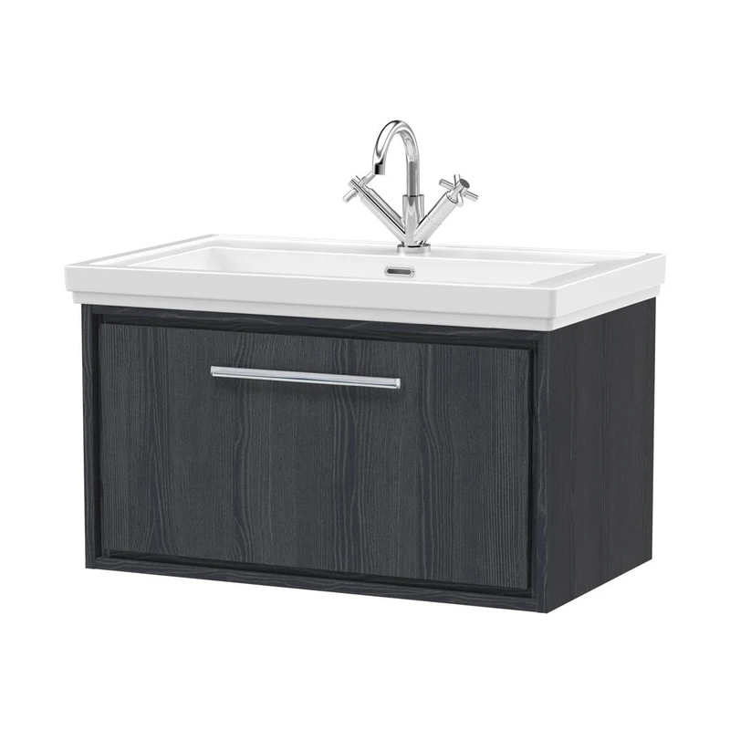 Hudson Reed Lille 800mm Wall Hung Single Drawer Vanity With Basin - 1 Tap Hole Contemp Graphite Grey Woodgrain Fireclay,MFC Textured Woodgrain 498x830x471mm