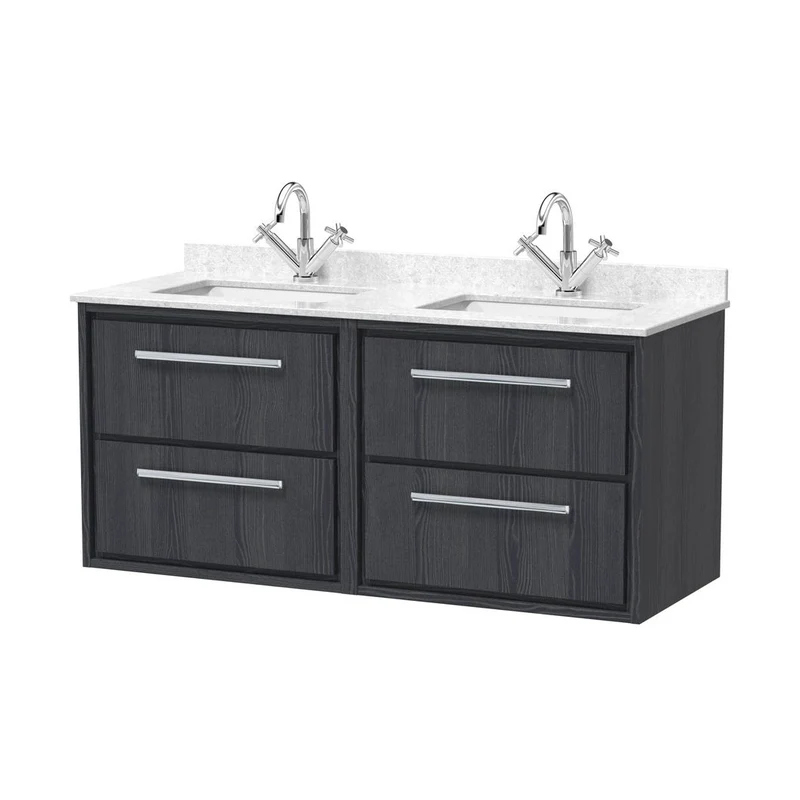 Hudson Reed Lille 1200mm Wall Hung 4-drawer Vanity With Marble Worktop Basin Contemp Graphite Grey Woodgrain MFC Textured Woodgrain,vitreous China 617x1220x470mm