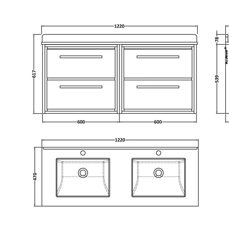 Hudson Reed Lille 1200mm Wall Hung 4-drawer Vanity With Marble Worktop Basin Contemp Graphite Grey Woodgrain MFC Textured Woodgrain,vitreous China 617x1220x470mm