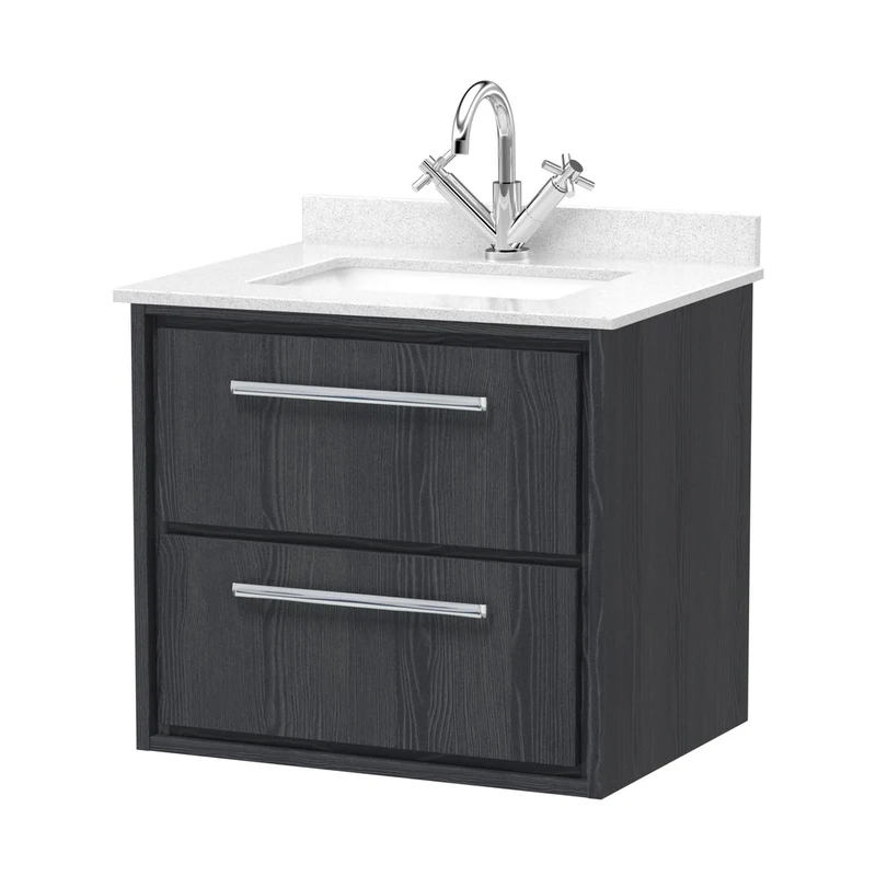 Hudson Reed Lille 600mm Wall Hung 2-drawer Vanity With Marble Worktop Basin Contemp Graphite Grey Woodgrain MFC Textured Woodgrain,vitreous China 617x620x470mm