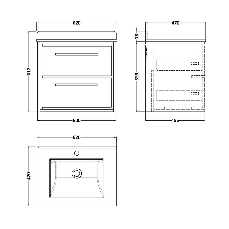 Hudson Reed Lille 600mm Wall Hung 2-drawer Vanity With Marble Worktop Basin Contemp Graphite Grey Woodgrain MFC Textured Woodgrain,vitreous China 617x620x470mm