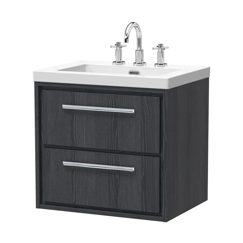 Hudson Reed Lille 600mm Wall Hung 2-drawer Vanity With Basin - 3 Tap Hole Contemp Graphite Grey Woodgrain Fireclay,MFC Textured Woodgrain 584x613x462mm