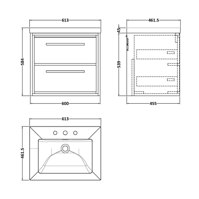 Hudson Reed Lille 600mm Wall Hung 2-drawer Vanity With Basin - 3 Tap Hole Contemp Graphite Grey Woodgrain Fireclay,MFC Textured Woodgrain 584x613x462mm