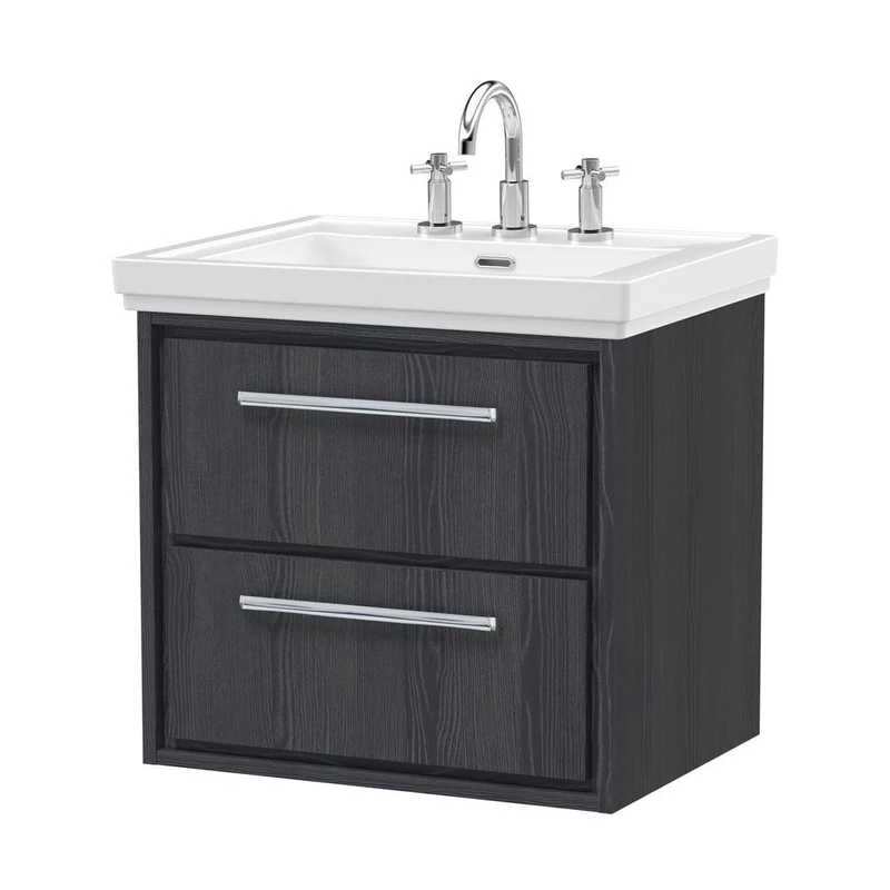 Hudson Reed Lille 600mm Wall Hung 2-drawer Vanity With Basin - 3 Tap Hole Contemp Graphite Grey Woodgrain Fireclay,MFC Textured Woodgrain 605x630x471mm