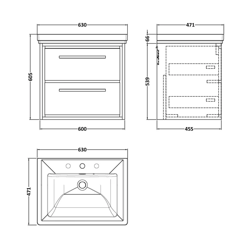 Hudson Reed Lille 600mm Wall Hung 2-drawer Vanity With Basin - 3 Tap Hole Contemp Graphite Grey Woodgrain Fireclay,MFC Textured Woodgrain 605x630x471mm