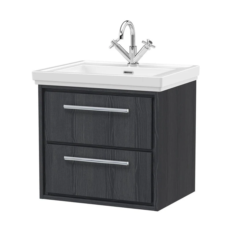 Hudson Reed Lille 600mm Wall Hung 2-drawer Vanity With Basin - 1 Tap Hole Contemp Graphite Grey Woodgrain Fireclay,MFC Textured Woodgrain 605x630x471mm