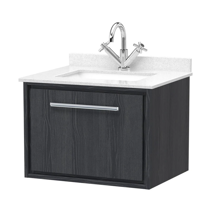 Hudson Reed Lille 600mm Wall Hung Single Drawer Vanity With Marble Worktop Basin Contemp Graphite Grey Woodgrain MFC Textured Woodgrain,vitreous China 509x620x470mm
