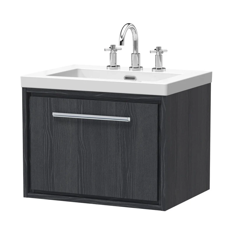 Hudson Reed Lille 600mm Wall Hung Single Drawer Vanity With Basin - 3 Tap Hole Contemp Graphite Grey Woodgrain Fireclay,MFC Textured Woodgrain 476x613x462mm