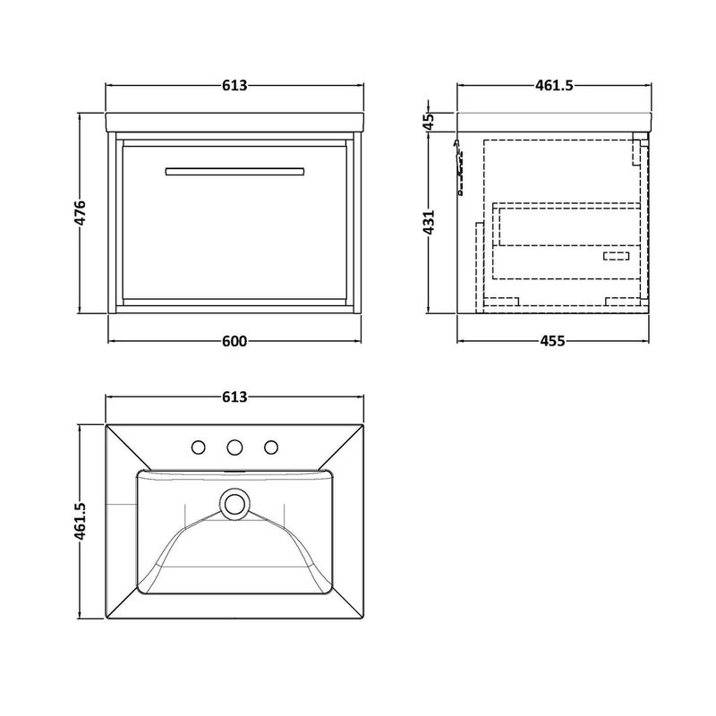 Hudson Reed Lille 600mm Wall Hung Single Drawer Vanity With Basin - 3 Tap Hole Contemp Graphite Grey Woodgrain Fireclay,MFC Textured Woodgrain 476x613x462mm