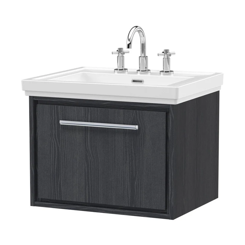 Hudson Reed Lille 600mm Wall Hung Single Drawer Vanity With Basin - 3 Tap Hole Contemp Graphite Grey Woodgrain Fireclay,MFC Textured Woodgrain 497x630x471mm