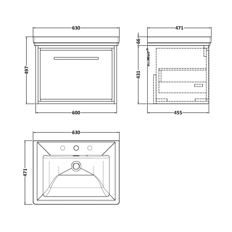 Hudson Reed Lille 600mm Wall Hung Single Drawer Vanity With Basin - 3 Tap Hole Contemp Graphite Grey Woodgrain Fireclay,MFC Textured Woodgrain 497x630x471mm