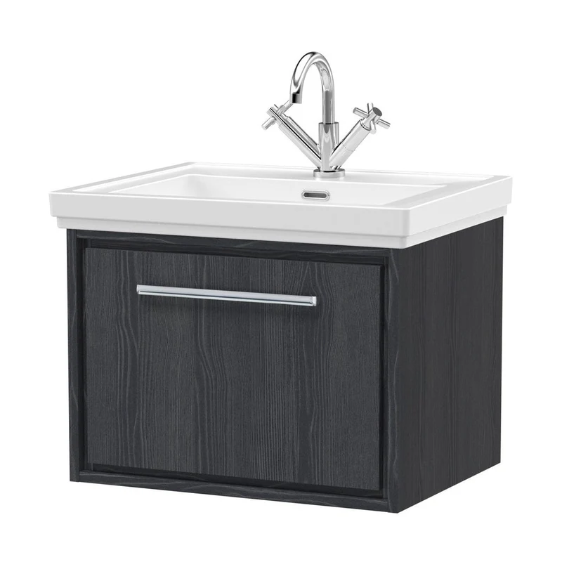 Hudson Reed Lille 600mm Wall Hung Single Drawer Vanity With Basin - 1 Tap Hole Contemp Graphite Grey Woodgrain Fireclay,MFC Textured Woodgrain 497x630x471mm