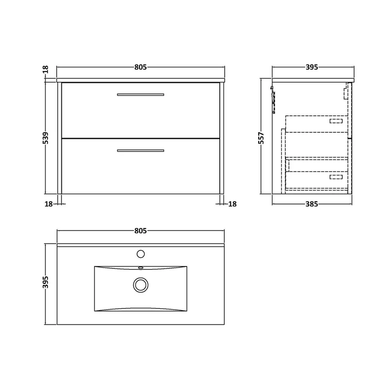 Hudson Reed Juno 800mm Wall Hung 2-drawer Vanity & Basin 2 Contemp Midnight Blue MFC Painted Matt 557x800x390mm