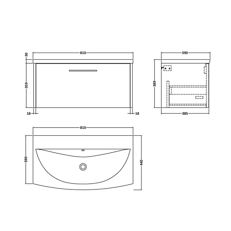 Hudson Reed Juno 800mm Wall Hung Single Drawer Vanity & Basin 4 Contemp Midnight Blue MFC Painted Matt 389x810x440mm