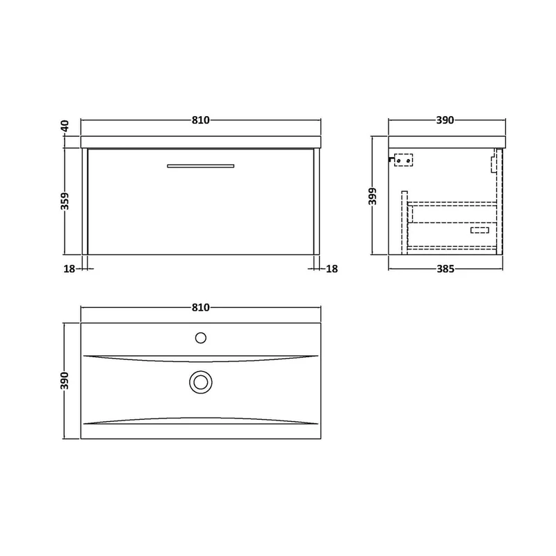 Hudson Reed Juno 800mm Wall Hung Single Drawer Vanity & Basin 1 Contemp Midnight Blue MFC Painted Matt 399x810x390mm